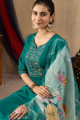 Rama green embroidered  roman silk straight kurti pant dupatta set