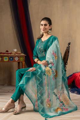 Rama green embroidered  roman silk straight kurti pant dupatta set 3