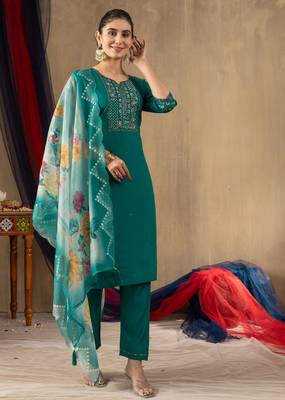 Rama green embroidered  roman silk straight kurti pant dupatta set 4