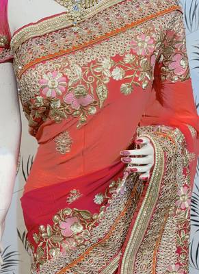 red georgette embroidered saree with blouse 3