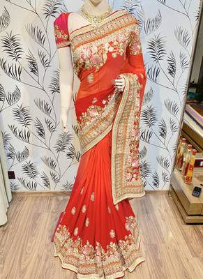 red georgette embroidered saree with blouse 5