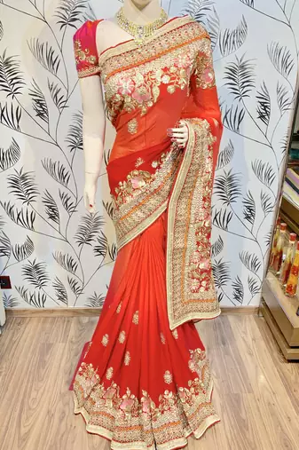 red georgette embroidered saree with blouse