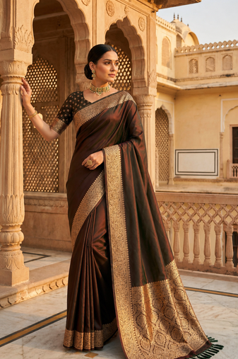 Dark Brown Color Zari Weaving Work Silk Saree