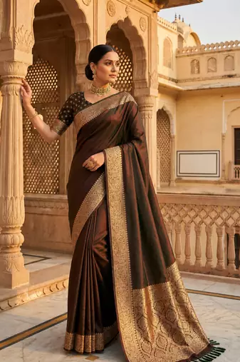 Dark Brown Color Zari Weaving Work Silk Saree