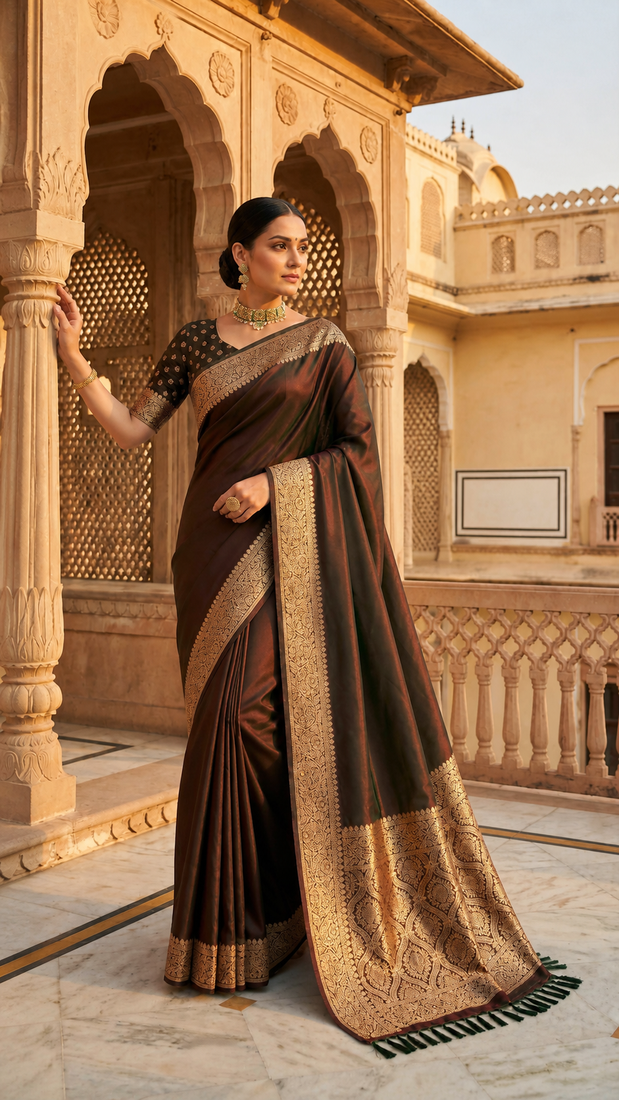 Dark Brown Color Zari Weaving Work Silk Saree