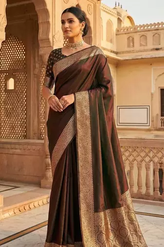 Dark Brown Color Zari Weaving Work art silk saree