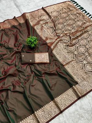 Dark Brown Color Zari Weaving Work art silk saree 3