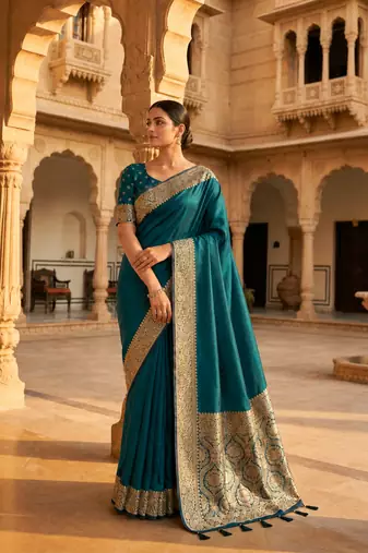 peacock Blue Color Zari Weaving Work Silk Saree