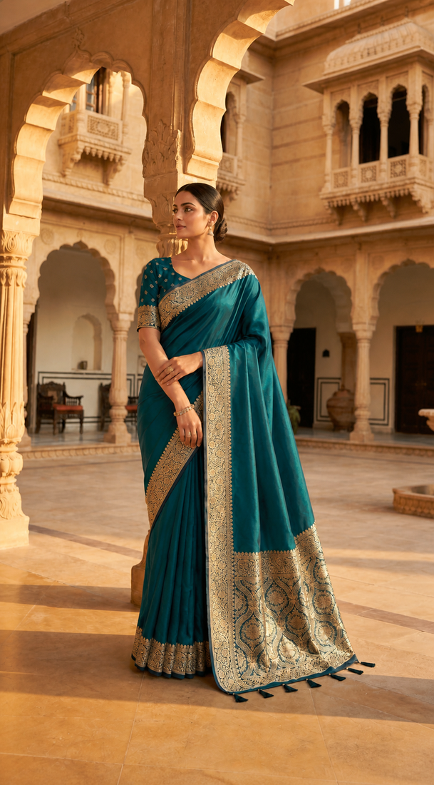 peacock Blue Color Zari Weaving Work Silk Saree