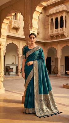 peacock Blue Color Zari Weaving Work art silk saree 2