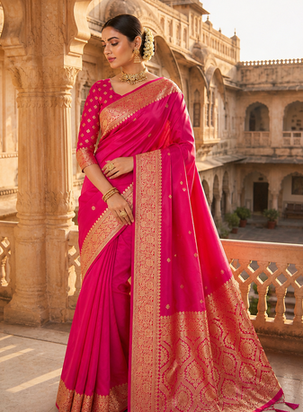 Pink Color Zari Weaving Work Silk Saree