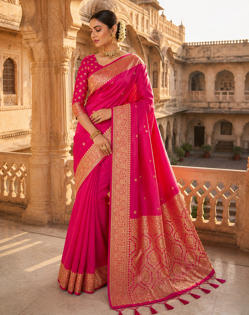 Pink Color Zari Weaving Work Silk Saree