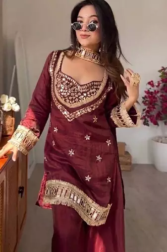 real mirror work with lace border kurta set