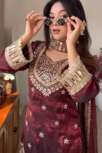 real mirror work with lace border kurta set