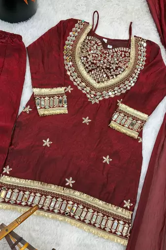 real mirror work with lace border kurta set