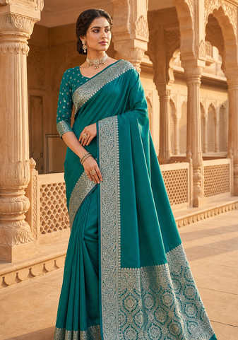 Teal Color Zari Weaving Work Silk Saree