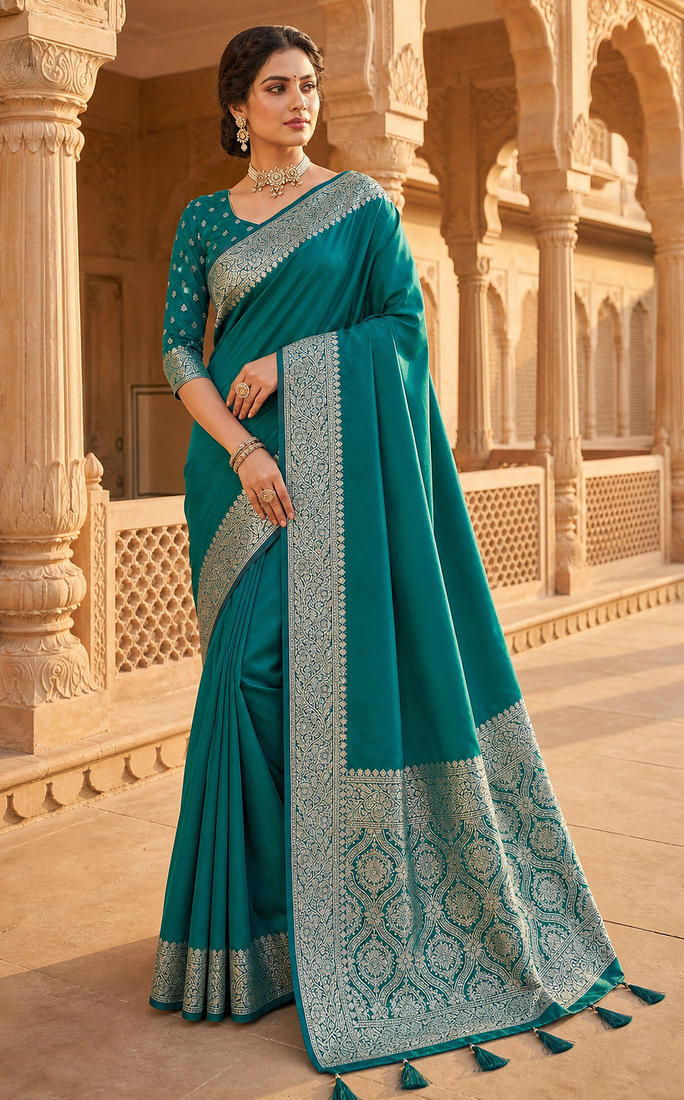 Teal Color Zari Weaving Work Silk Saree