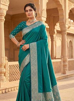 Teal Color Zari Weaving Work art silk saree 2