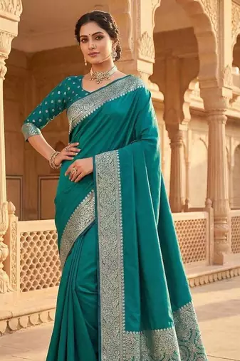 Teal Color Zari Weaving Work art silk saree