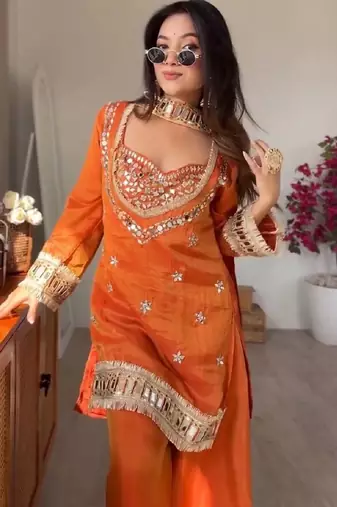 real mirror work with lace border kurta set