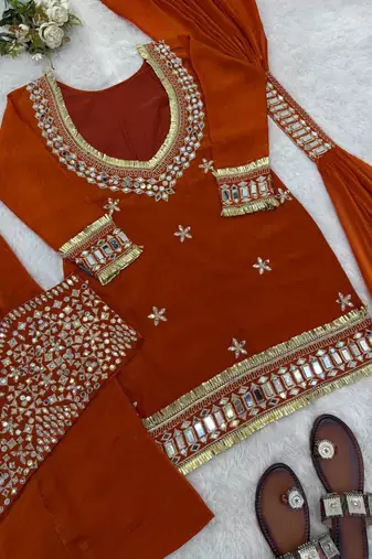 real mirror work with lace border kurta set