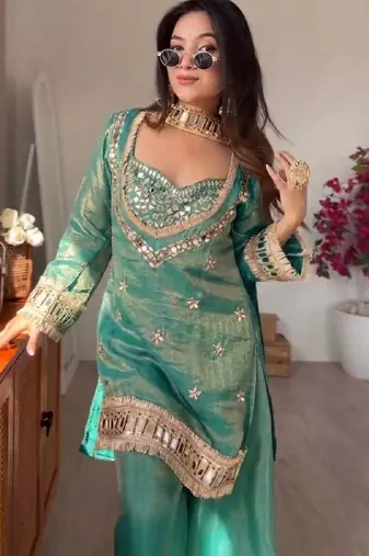 real mirror work with lace border kurta set