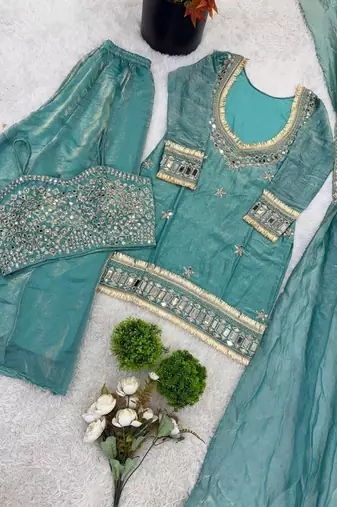 real mirror work with lace border kurta set