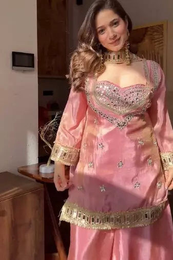 real mirror work with lace border kurta set