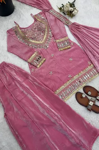 real mirror work with lace border kurta set