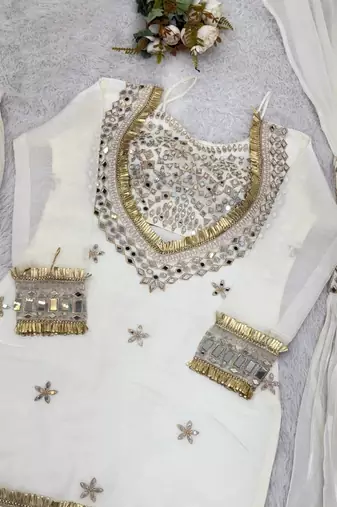 real mirror work with lace border kurta set