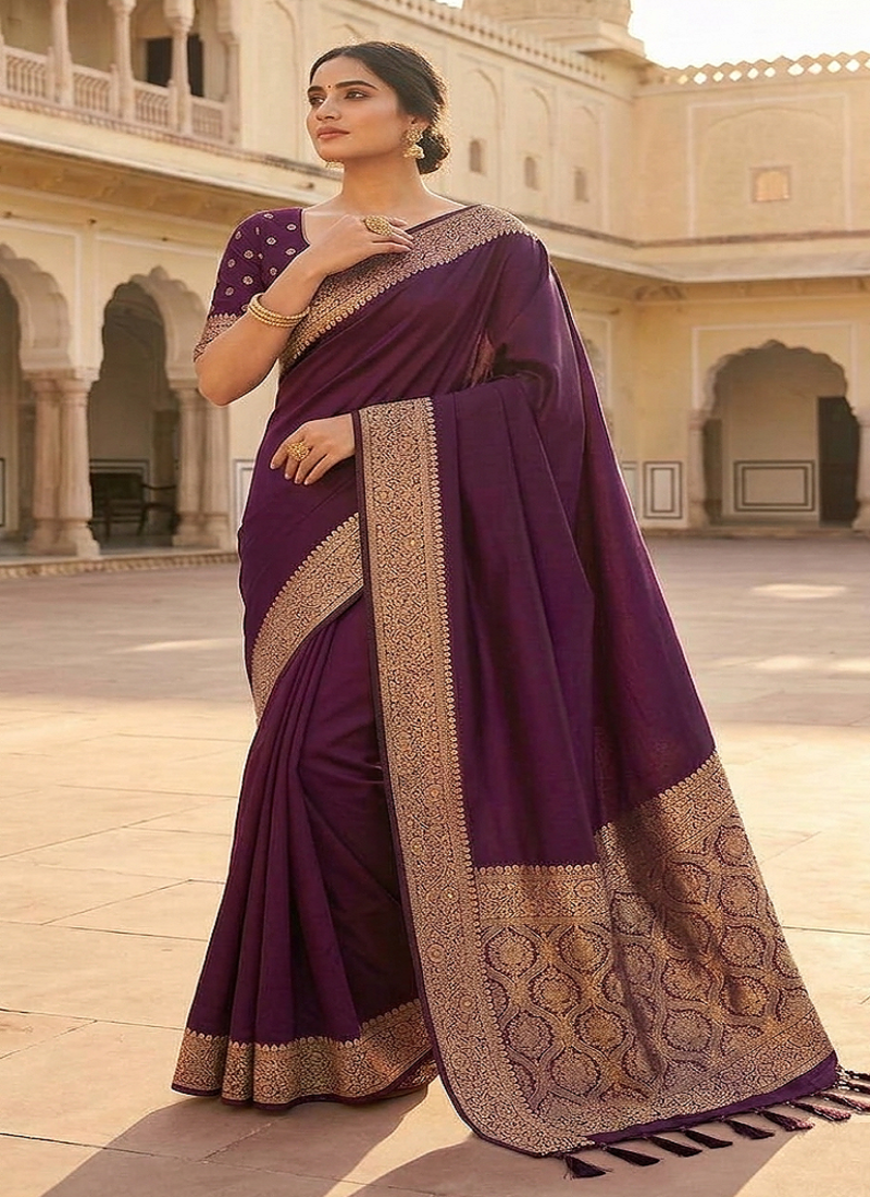 Wine Color Zari Weaving Work Silk Saree