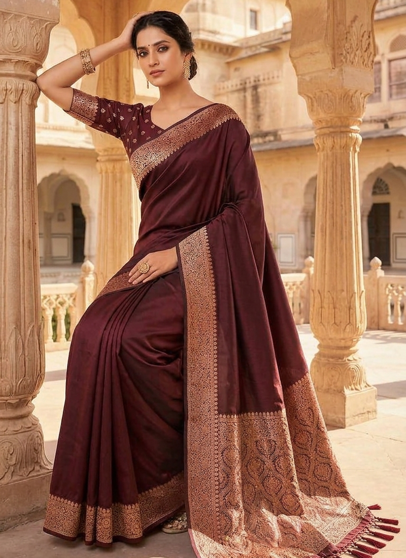 Maroon Color Zari Weaving Work Silk Saree