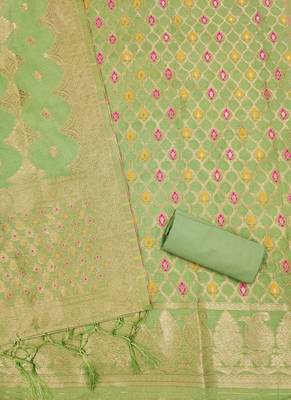 Pista Chanderi Banarasi silk zari woven design dress material 4