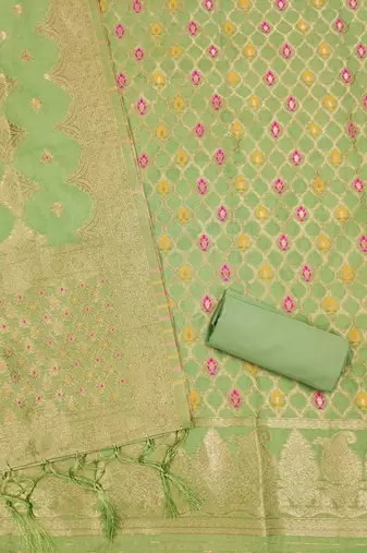 Pista Chanderi Banarasi silk zari woven design dress material