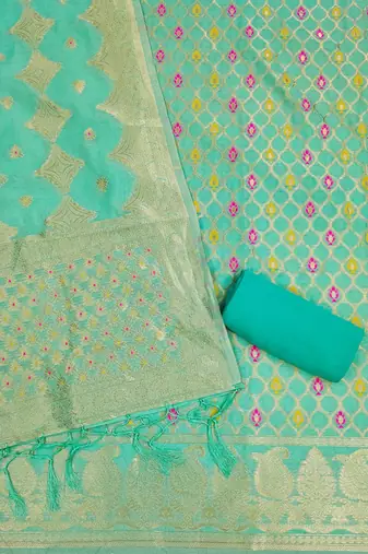 Seagreen Chanderi Banarasi silk zari woven design dress material