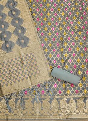 Grey Chanderi Banarasi silk zari woven design dress material 4