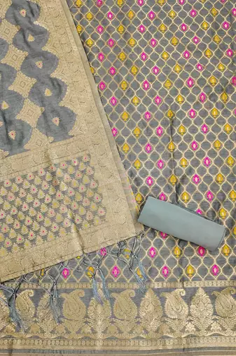 Grey Chanderi Banarasi silk zari woven design dress material