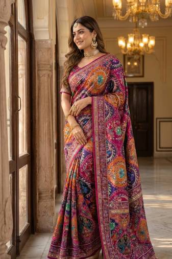 Roman Silk With ajarakh Print And Real Mirror work Saree With Blouse Set