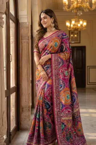 Roman Silk With ajarakh Print And Real Mirror work Saree With Blouse Set
