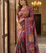 Roman Silk With ajarakh Print And Real Mirror work Saree With Blouse Set