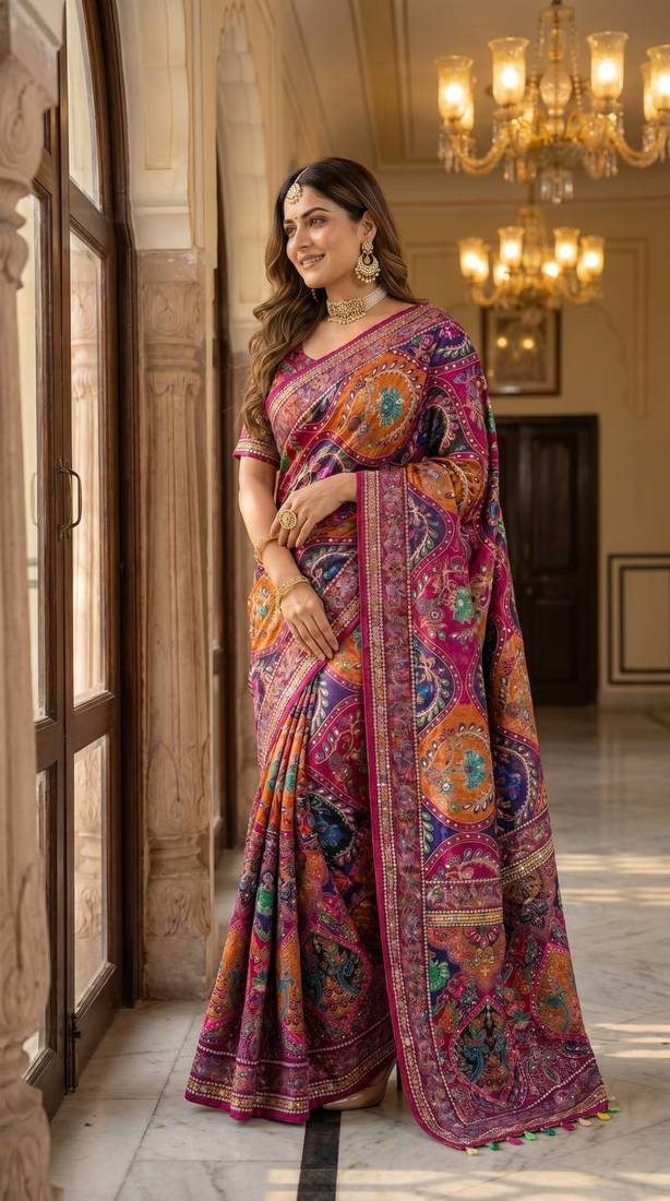 Roman Silk With ajarakh Print And Real Mirror work Saree With Blouse Set