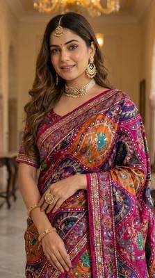 Roman Silk With ajarakh Print And Real Mirror work Saree With Blouse Set 2