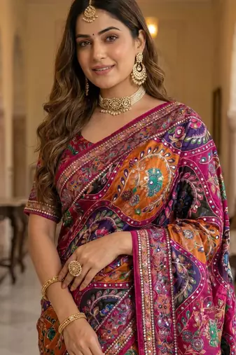 Roman Silk With ajarakh Print And Real Mirror work Saree With Blouse Set