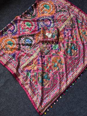 Roman Silk With ajarakh Print And Real Mirror work Saree With Blouse Set 3