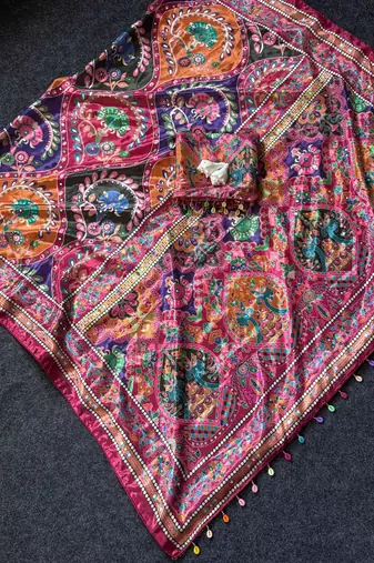 Roman Silk With ajarakh Print And Real Mirror work Saree With Blouse Set