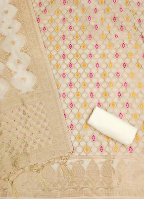 White Chanderi Banarasi silk zari woven design dress material 4