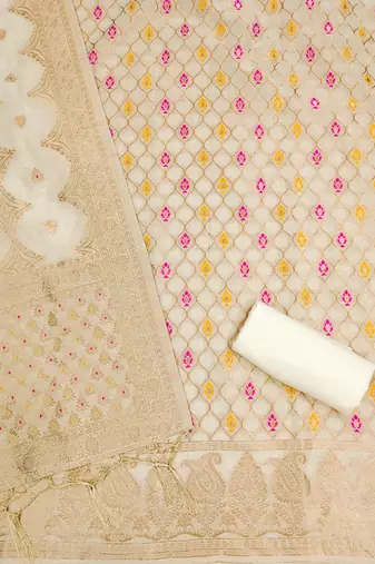 White Chanderi Banarasi silk zari woven design dress material