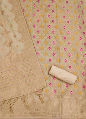 Cream Chanderi Banarasi silk zari woven design dress material 4