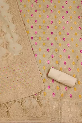 Cream Chanderi Banarasi silk zari woven design dress material