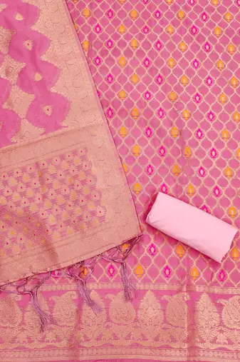 Pink Chanderi Banarasi silk zari woven design dress material